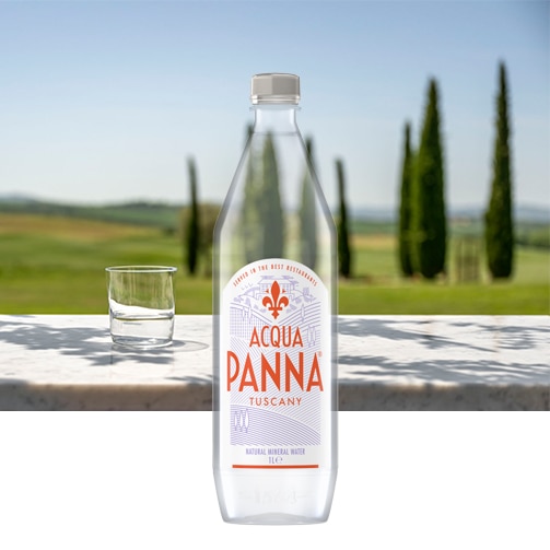 Acqua Panna 1L Plastic Bottle and Tuscany Landscape