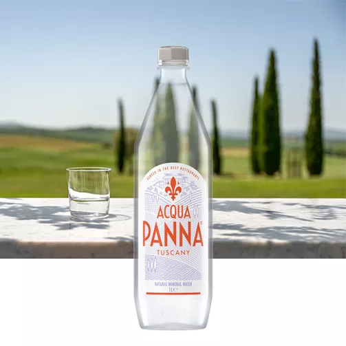 Acqua Panna 1L Plastic Bottle and Tuscany Landscape