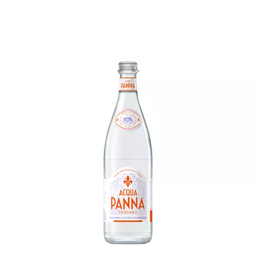 Acqua Panna Bottiglia di vetro 75 cl e Cibo su piatto Animazione