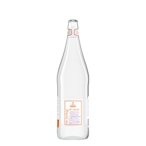 back of 1 liter acqua panna glass water bottle