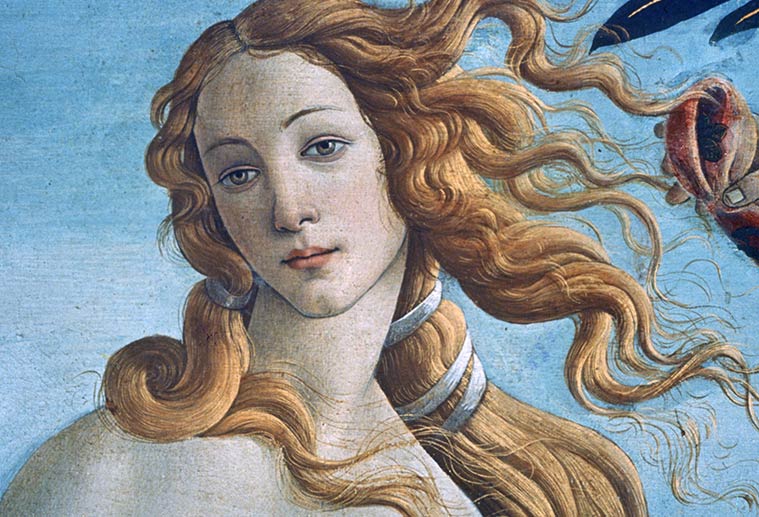 close up of venus' face in botticelli's birth of venus painting