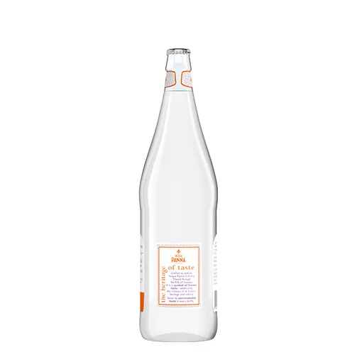 back of 1 liter acqua panna glass water bottle